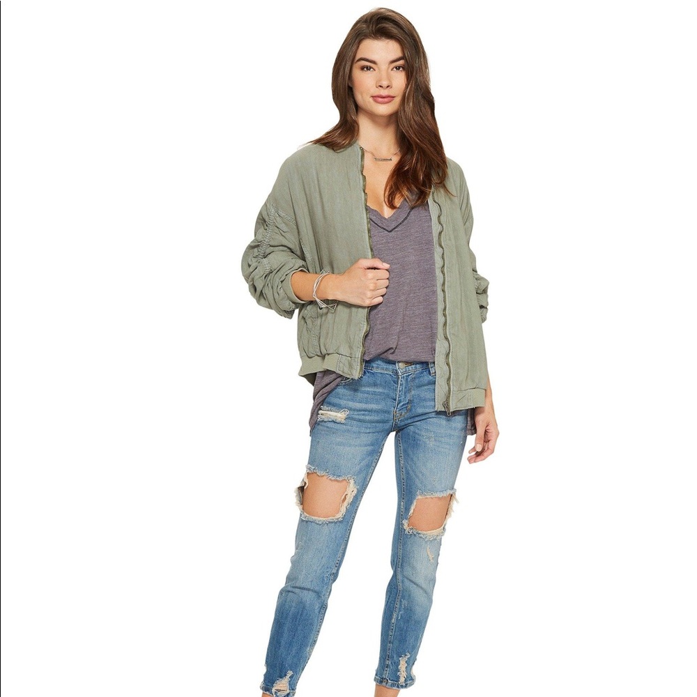 FREE PEOPLE Festival Wear Ruched Linen Oliver Green Bomber Jacket, S - Picture 3 of 16